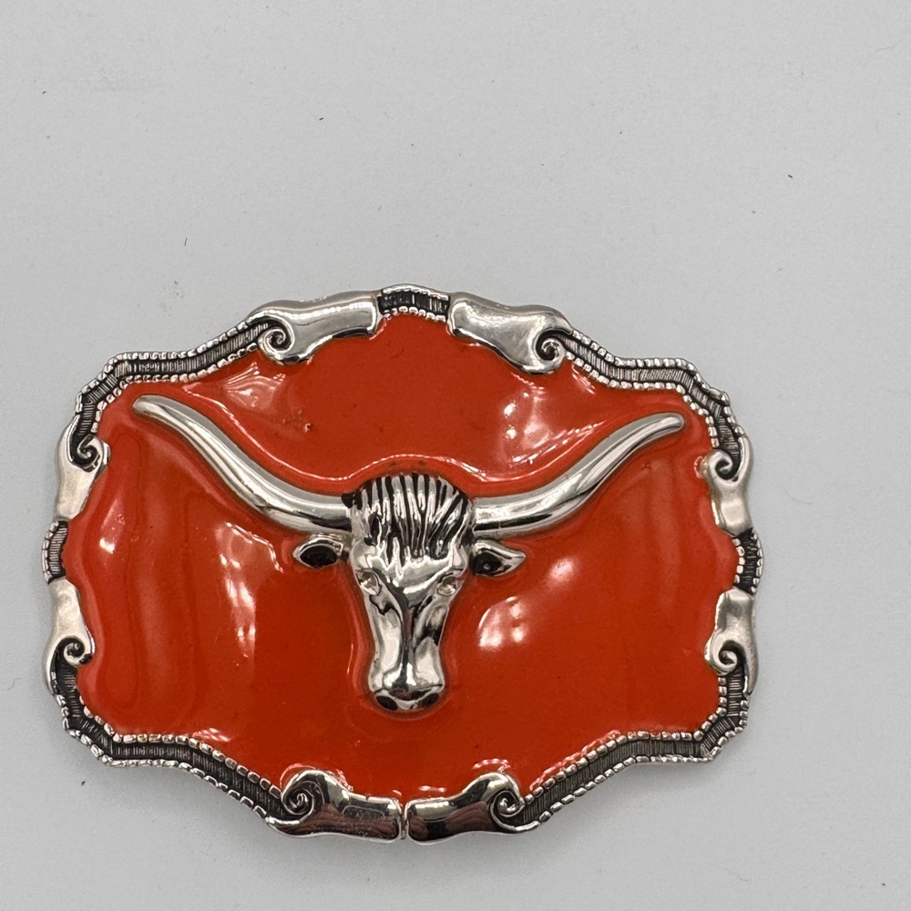 Y2K Bull Rider Belt Buckle - Large Longhorn Head Orange Enamel Silver Base